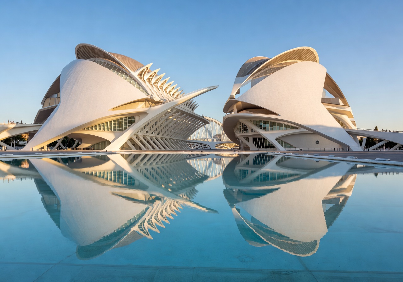 City of Arts and Sciences complex in Valencia with Santiago Calatrava's futuristic white architecture reflected in water