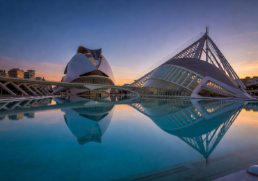 City of Arts and Sciences futuristic architecture in Valencia reflected in pool