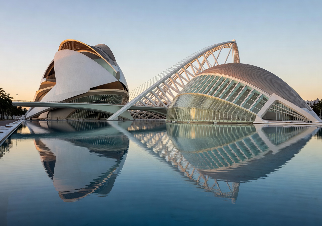 City of Arts and Sciences in Valencia with futuristic white architecture reflected in blue water