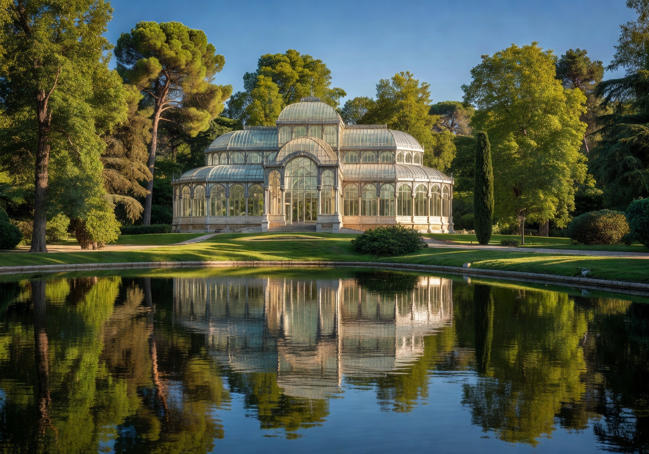 Crystal Palace glass pavilion in Madrid Retiro Park surrounded by green trees and reflecting pool