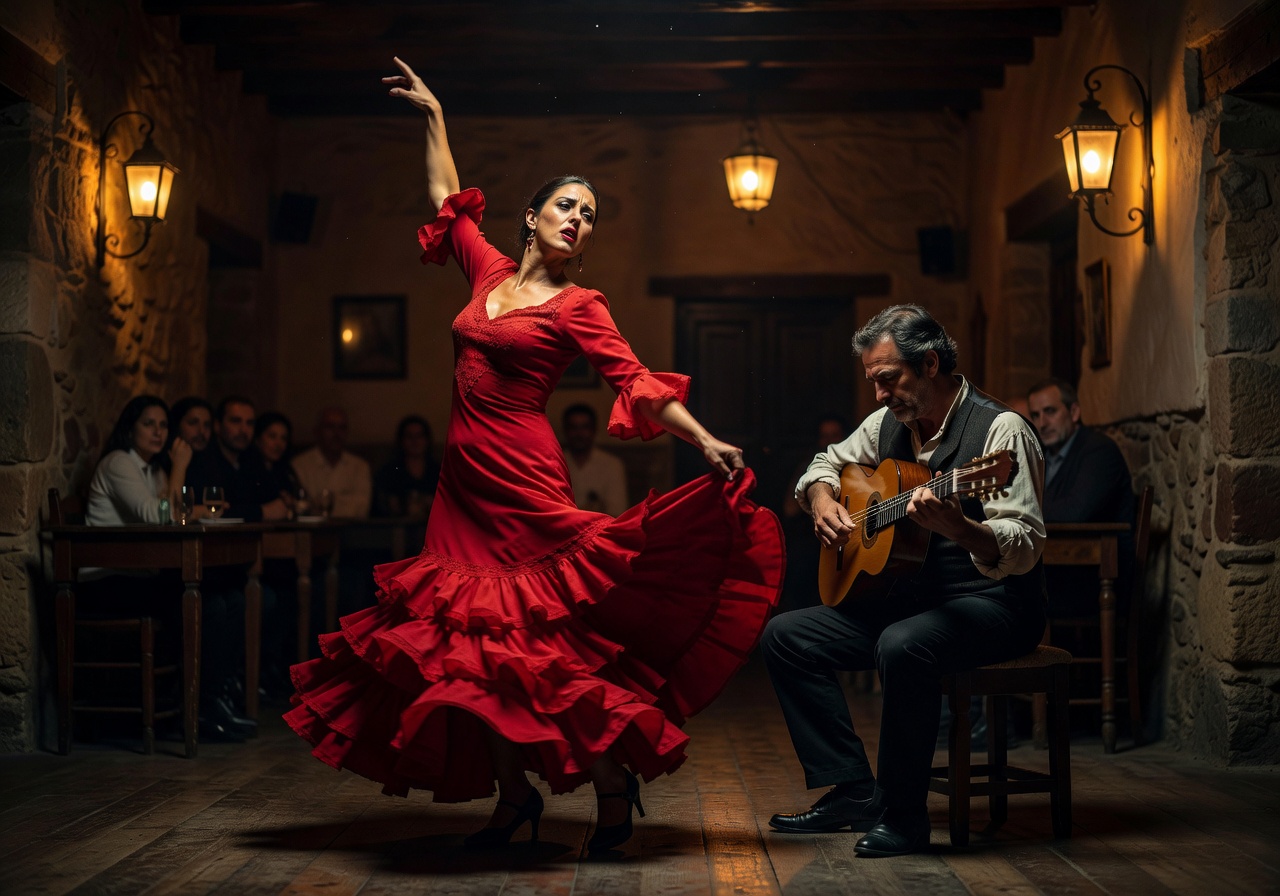Flamenco dancer in red dress performing with guitarist in dimly lit tablao in Seville