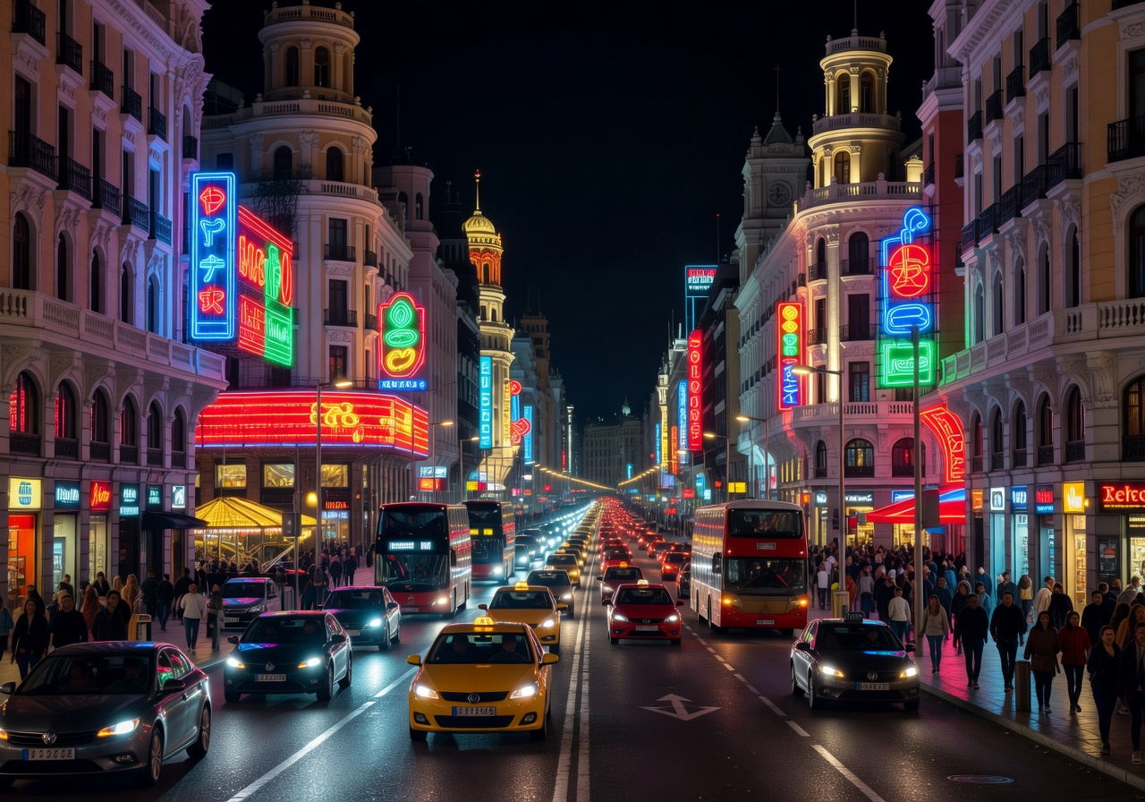 Gran Vía boulevard in Madrid at night with illuminated neon signs and busy traffic