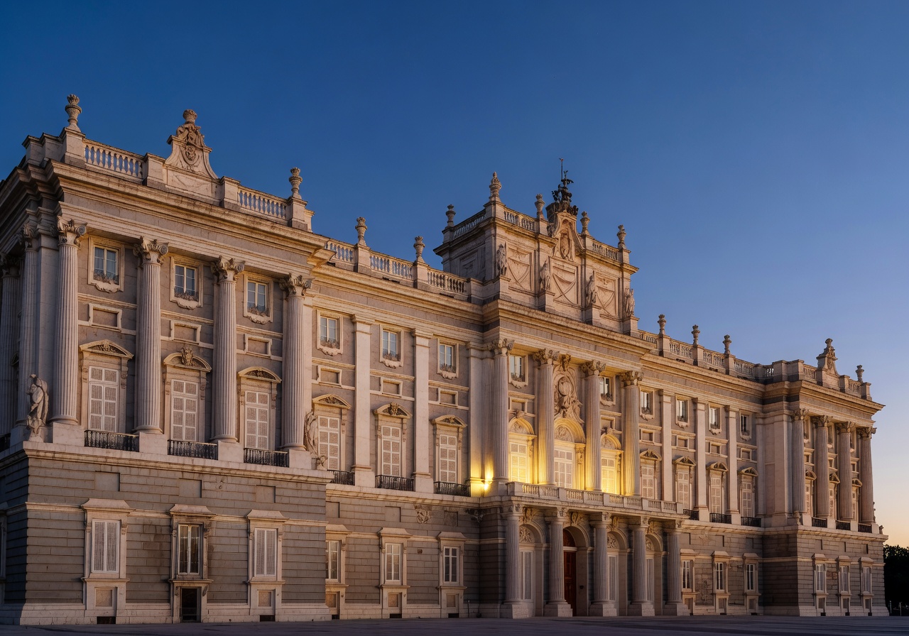 Grand Baroque facade of the Royal Palace of Madrid illuminated at evening blue hour