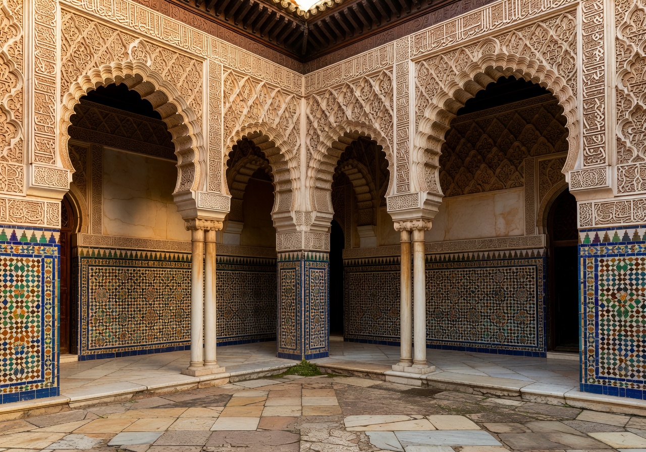 Interior courtyard of Real Alcázar palace in Seville with intricate Moorish arches and detailed Islamic tile work