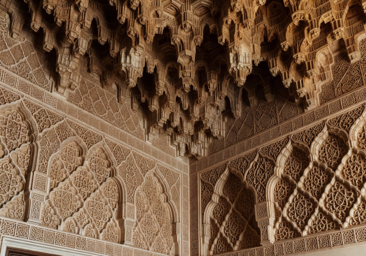Intricately carved Islamic geometric patterns and muqarnas on walls and ceiling inside the Nasrid Palaces of the Alhambra in Granada