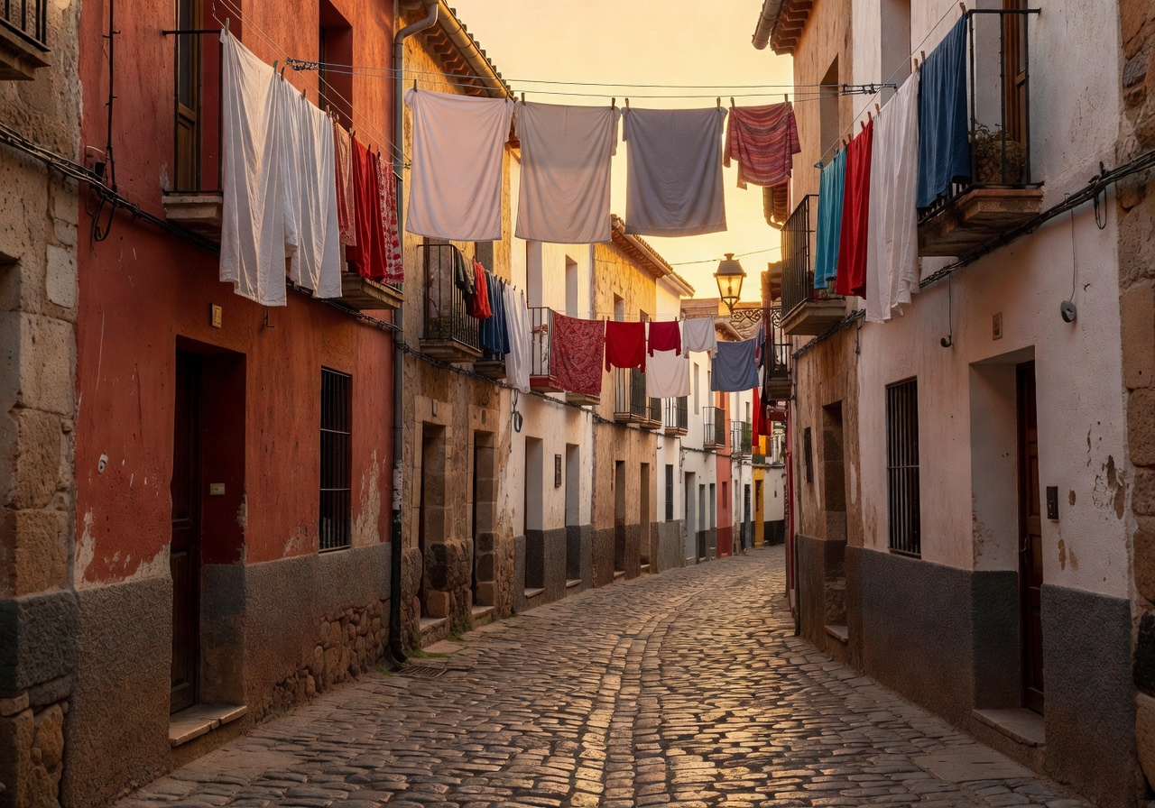 Narrow cobblestone street in old Spanish town with warm evening light and hanging laundry