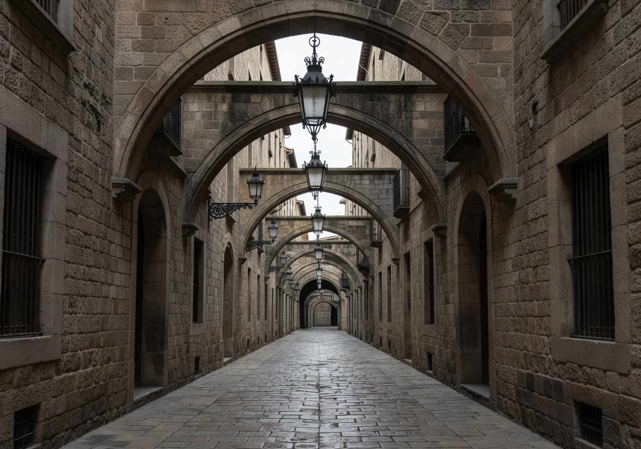 Narrow street in Barcelona Gothic Quarter with stone arches and hanging lanterns