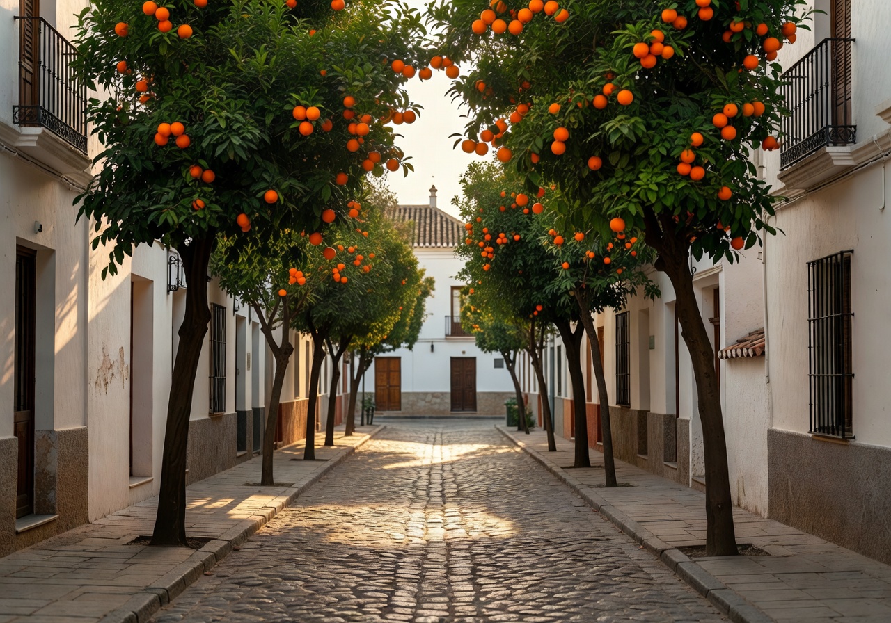Orange trees lining a narrow street in Seville Santa Cruz neighborhood with white buildings