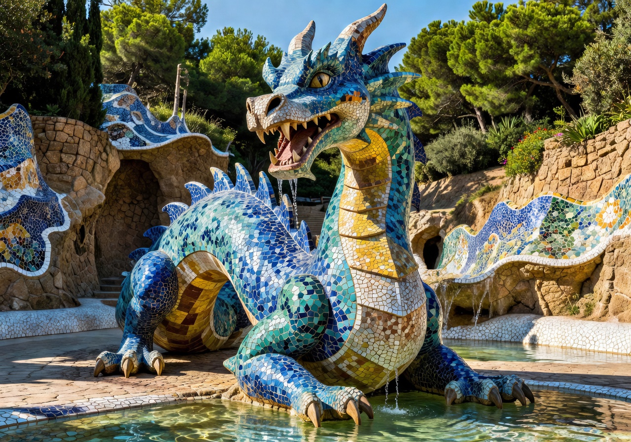 Park Güell mosaic dragon fountain by Antoni Gaudí with colorful broken tile work in Barcelona