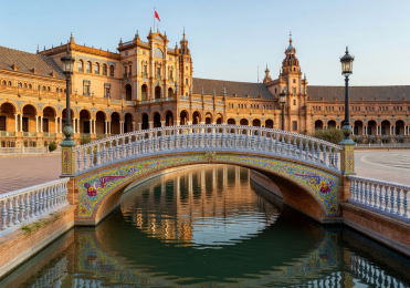 Plaza de España in Seville with ornate ceramic tile bridge and water canal