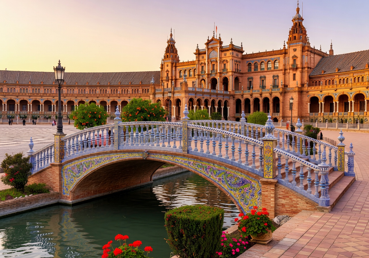 Plaza de España in Seville with ornate tiled bridge over canal and Renaissance architecture