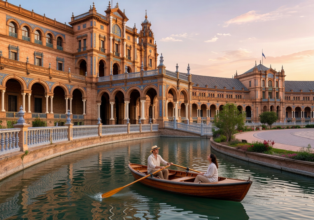 Plaza de España semicircular building in Seville with ornate ceramic tile decorations and canal with rowboats