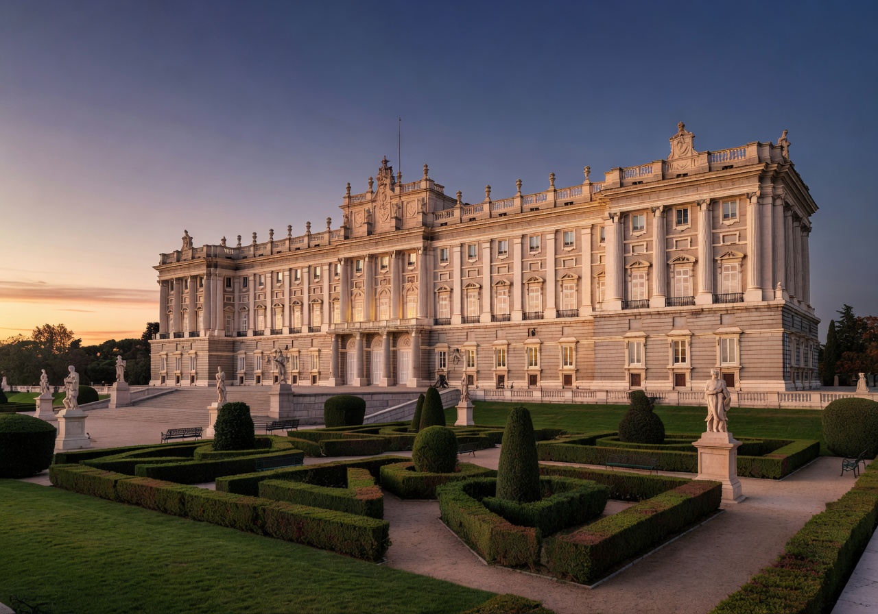 Royal Palace of Madrid illuminated at dusk with formal gardens in foreground