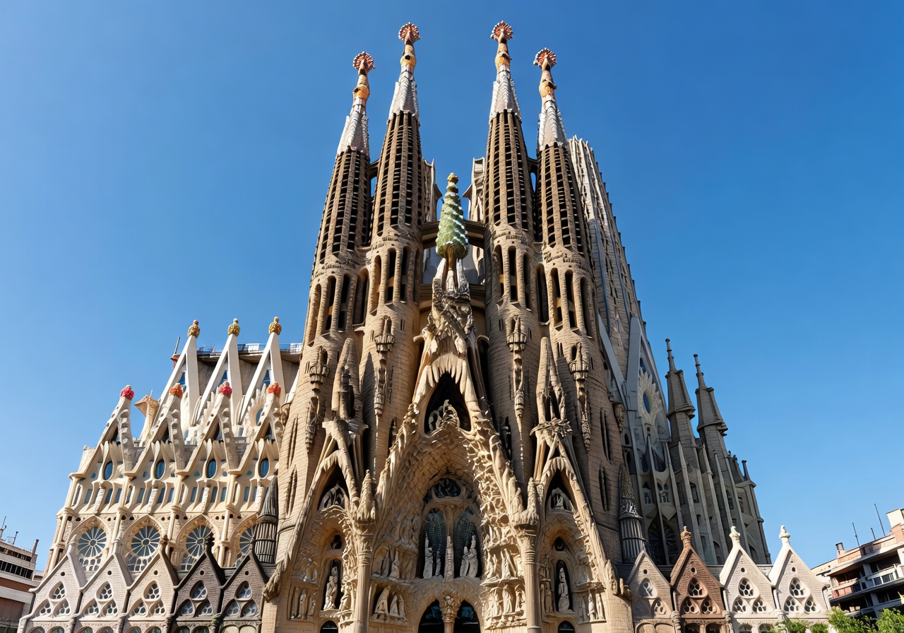 Sagrada Familia basilica in Barcelona against blue sky with intricate Gothic and Art Nouveau architecture