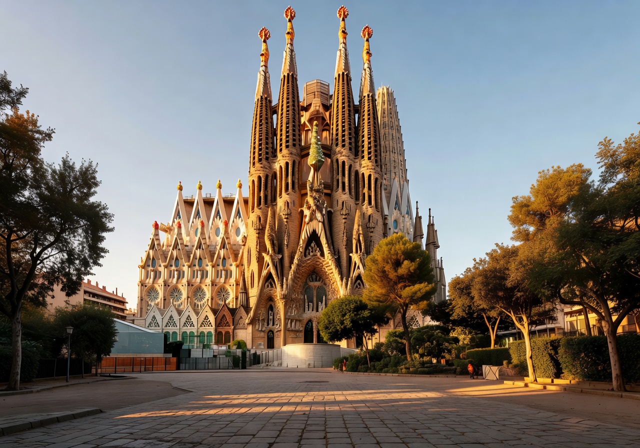 Panoramic view of Barcelona cityscape with Sagrada Familia at golden hour