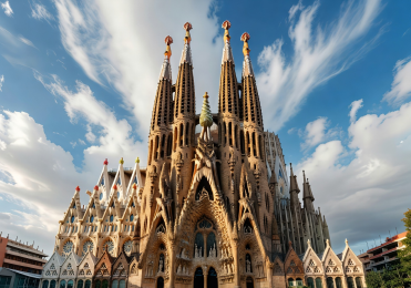 Sagrada Familia cathedral in Barcelona with ornate spires against sky