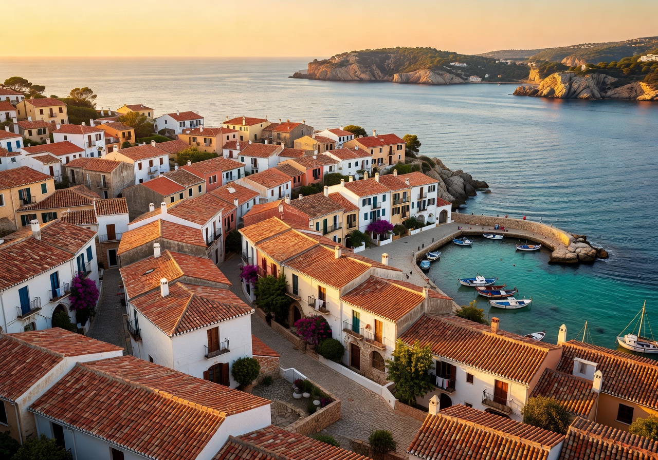 Scenic aerial view of Spanish Mediterranean coastal town with terracotta rooftops at golden hour
