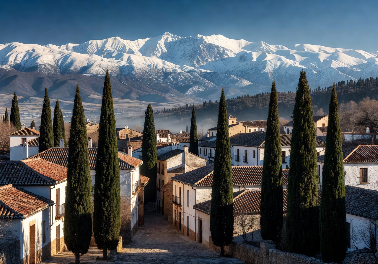 Snow-capped Sierra Nevada mountains seen from Granada old town with cypress trees in foreground