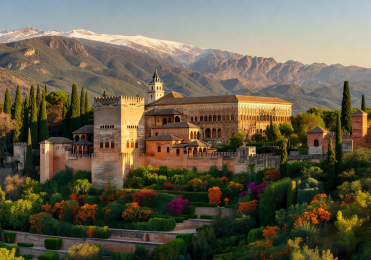 The Alhambra palace complex in Granada with Sierra Nevada mountains backdrop