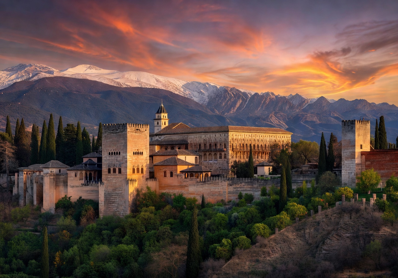 The Alhambra palace complex on hilltop in Granada with Sierra Nevada snow-capped mountains at sunset