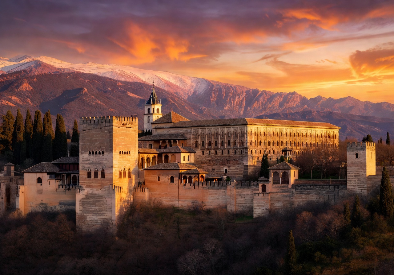 The Alhambra palace in Granada with Sierra Nevada mountains in background at sunset
