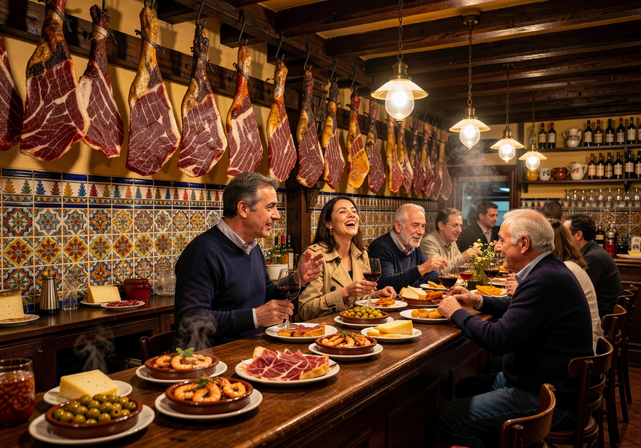 Traditional Spanish tapas bar in Madrid with hanging jamón and ceramic tiles