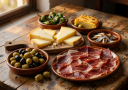 Traditional Spanish tapas spread with olives, jamón ibérico, and manchego cheese on rustic wooden table