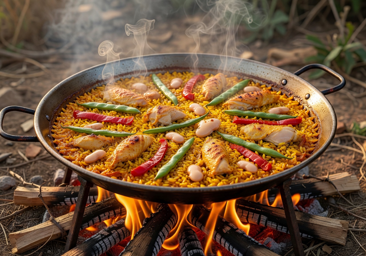Traditional Valencian paella cooking in large shallow pan over open fire with saffron rice and vegetables