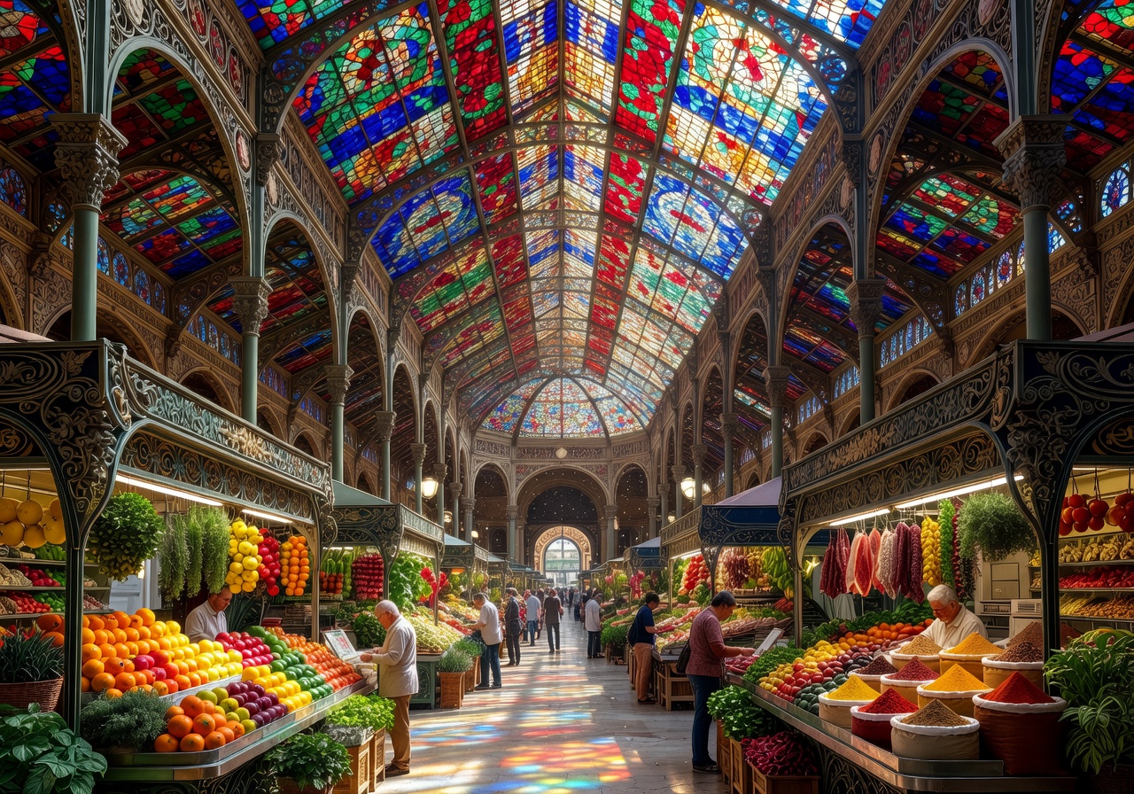 Valencia Central Market ornate Art Nouveau interior with stained glass ceiling and colorful food stalls