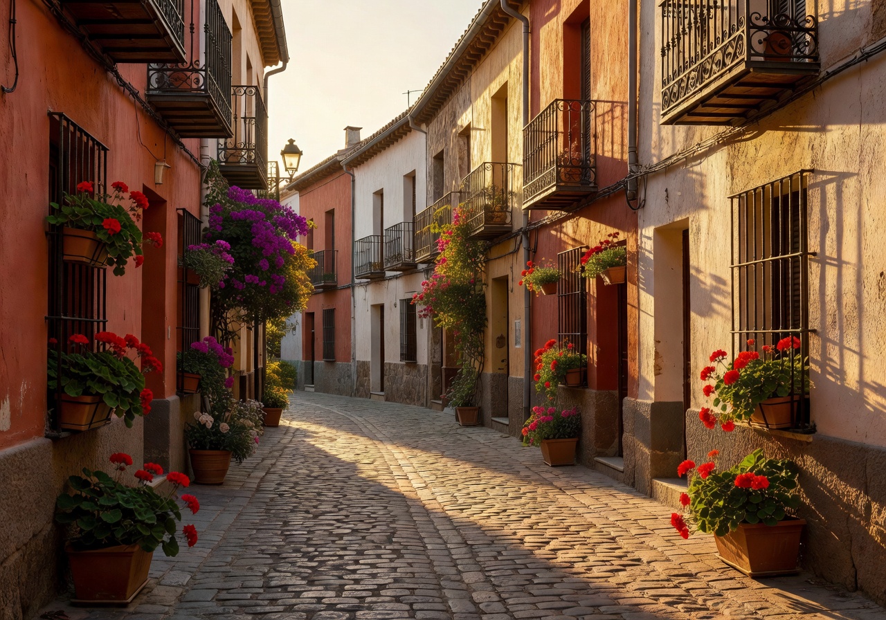 Warm golden sunset light illuminating a narrow cobblestone street in a traditional Spanish town with balconies and flowers