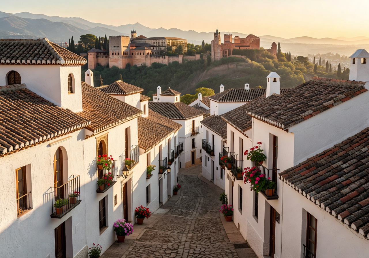 Whitewashed houses with terracotta roofs in the Albaicín neighborhood of Granada with view toward the Alhambra