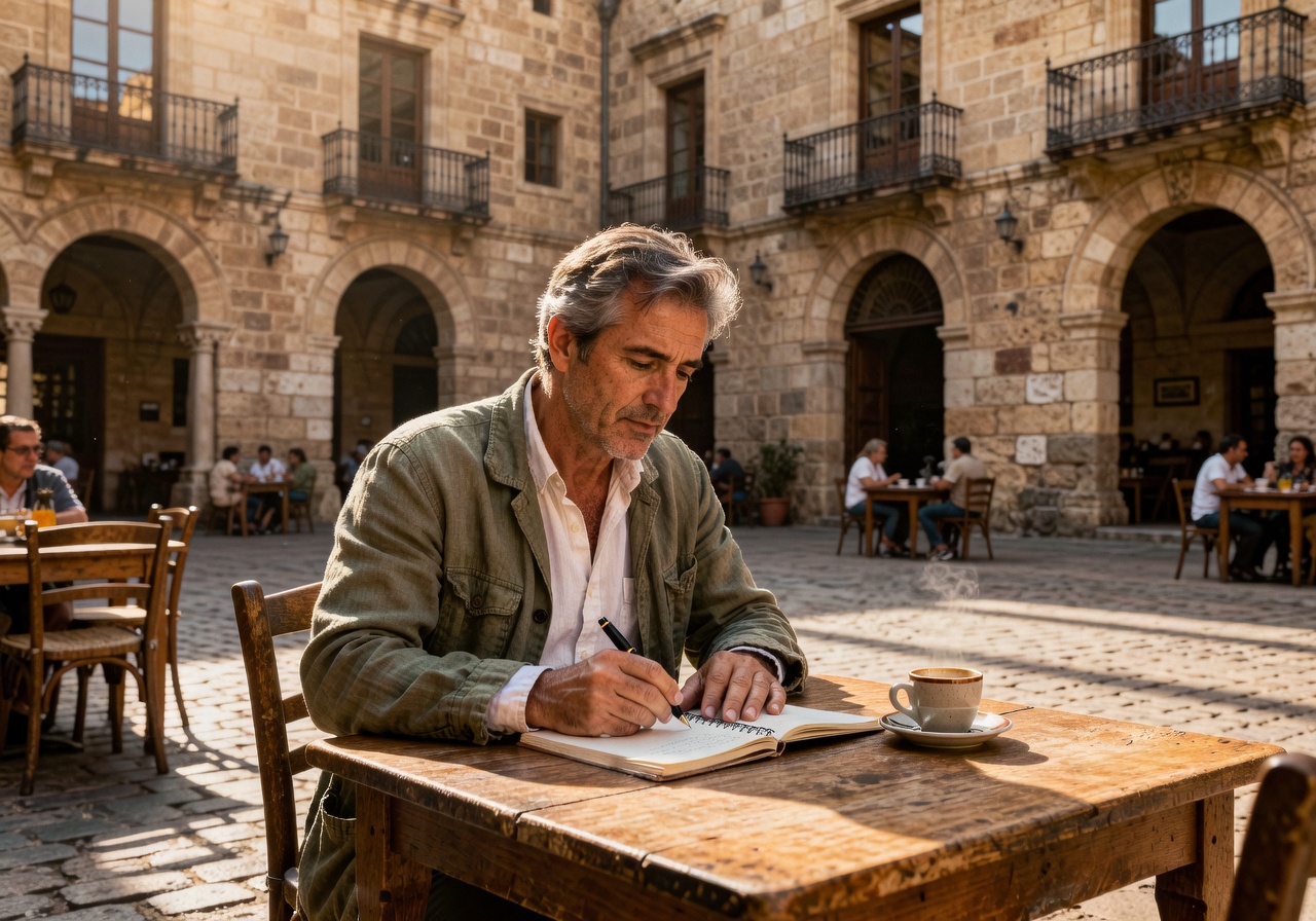 Writer with notebook sitting at outdoor café table in a Spanish plaza with sunlight and stone architecture